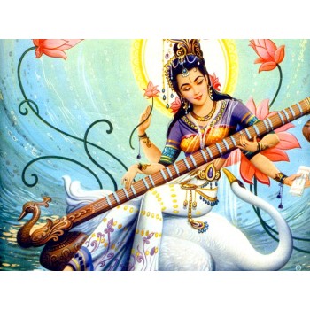 Painting of Goddess Saraswati playing the veena